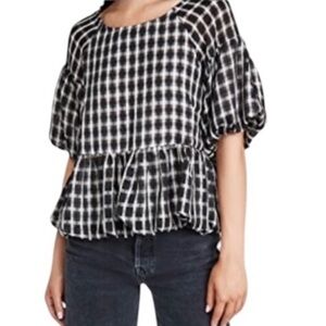 NWT Tuckernuck Moon River Puff Sleeve Checked Top Black Size M